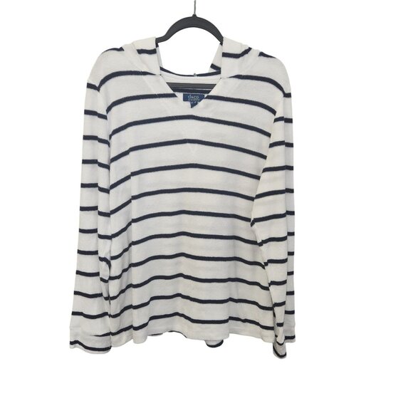 D&Co. Beach Womens L Striped Hooded Long-Sleeve Pullover Top White & Navy 2438 - Picture 1 of 7